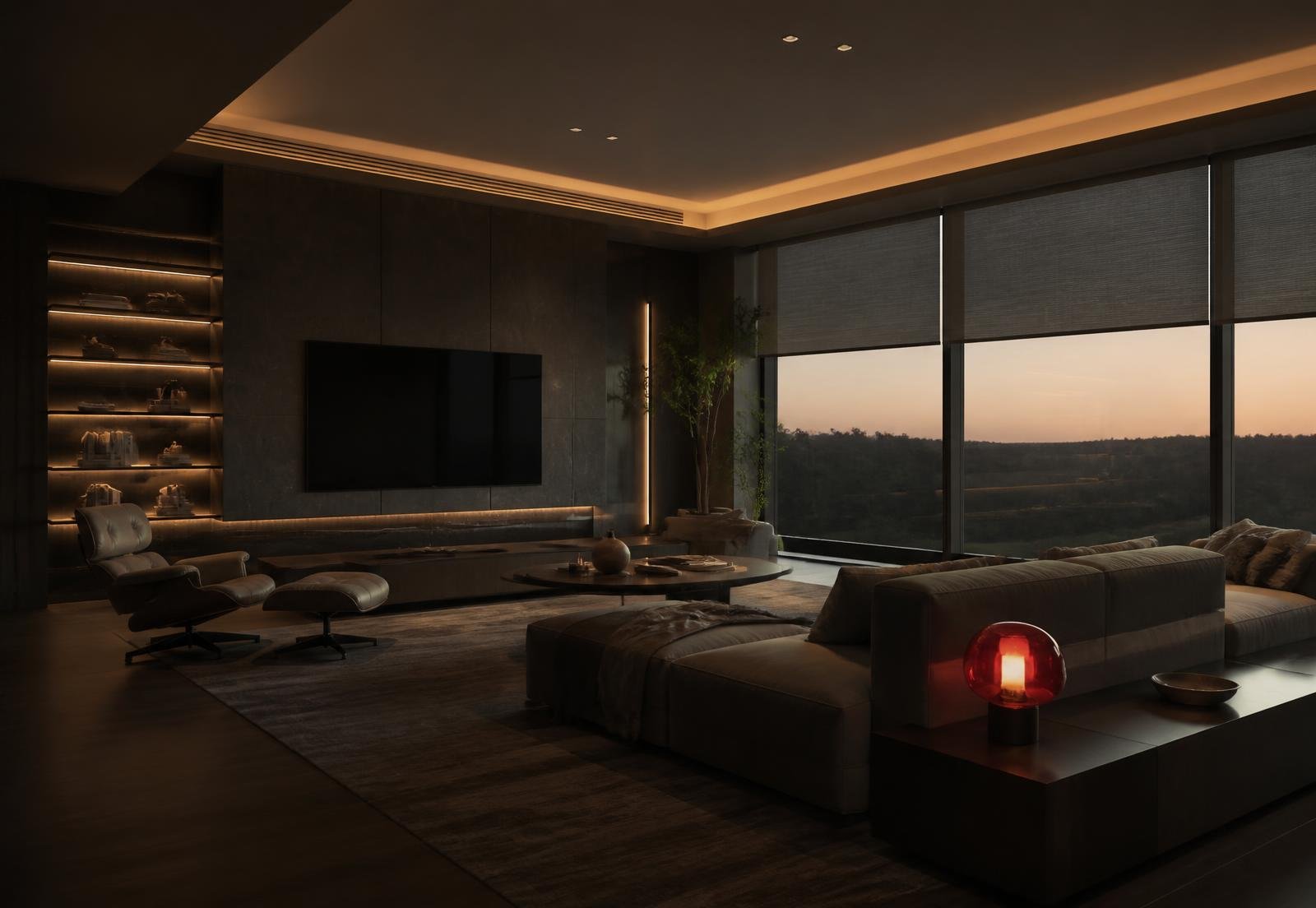 Luxury living room at dusk with automated cove lighting and motorised shades