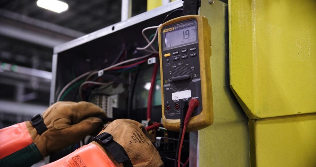 Photo by Onics Energy Electrician using a multimeter to fix industrial control panel wiring.