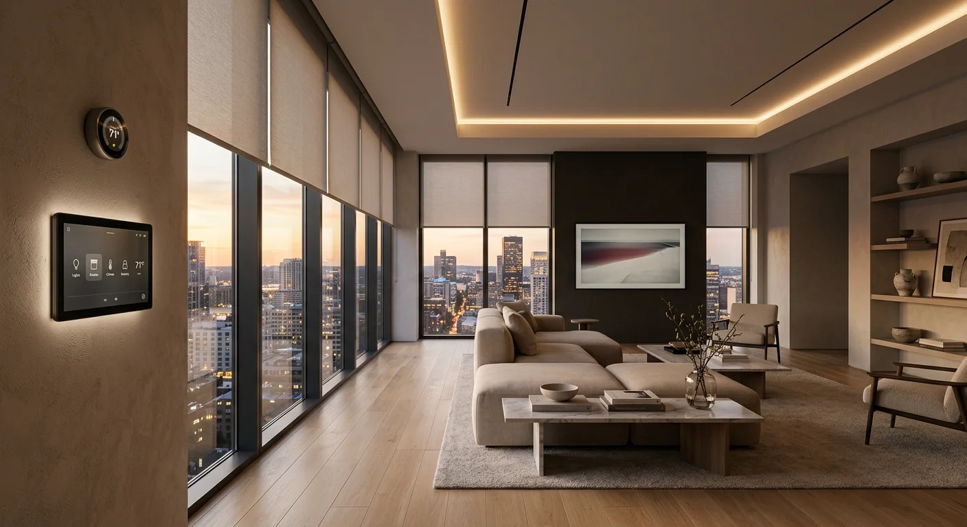 Modern automated smart home living room in 2026 with integrated wall-mounted control panel, automated lighting scenes, and motorized shades