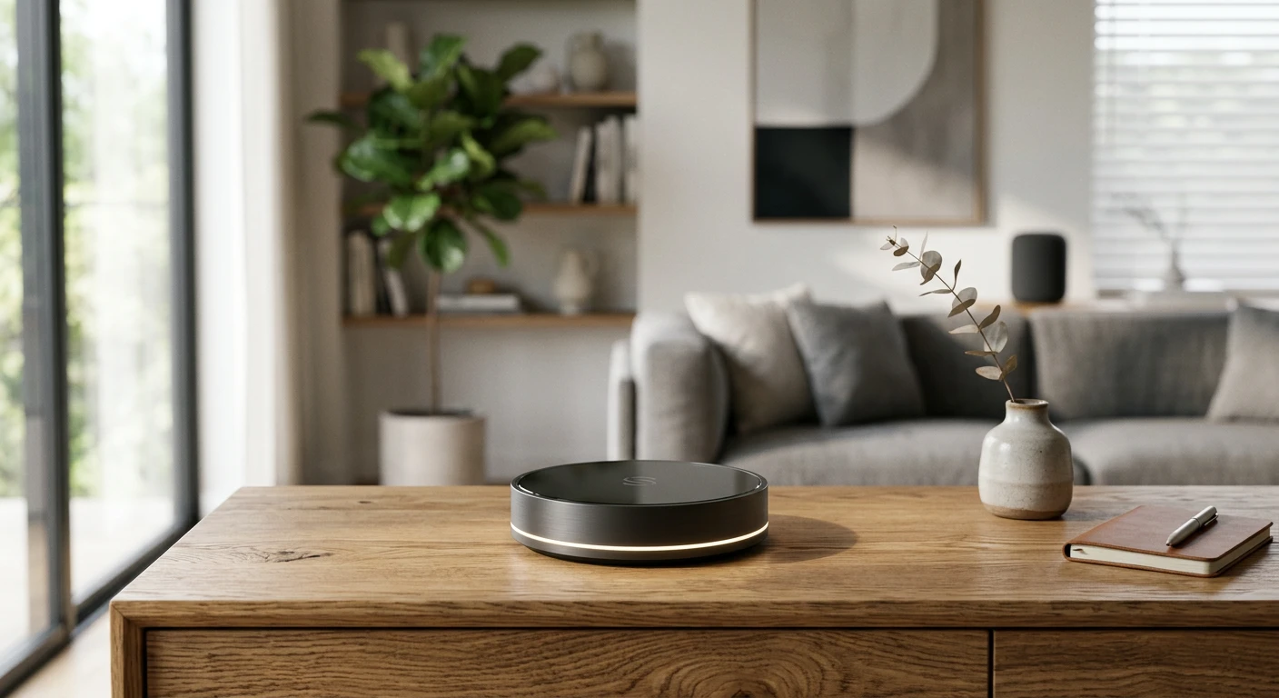 Minimalist smart home hub device on a wooden table representing the brain of the home