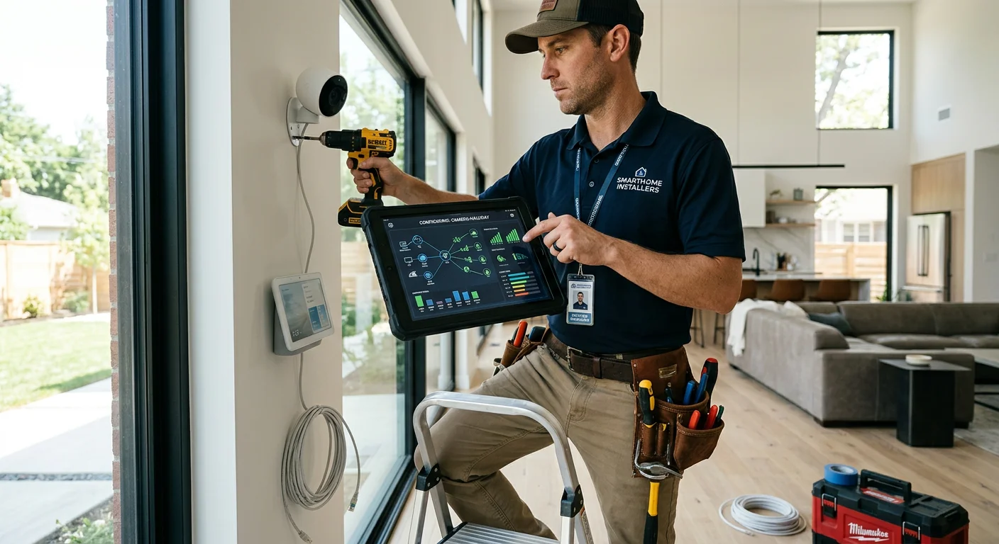 Certified smart home installer configuring a security camera and smart hub in a new construction home in 2026