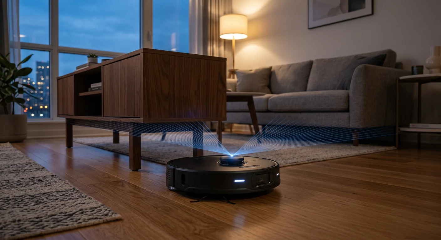 DEEBOT robot vacuum using LiDAR laser scanning and 3D mapping to navigate around furniture in a modern apartment