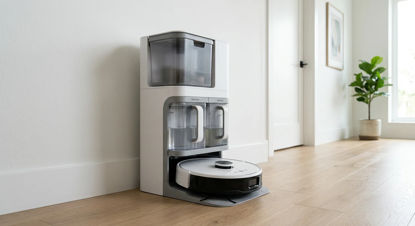 DEEBOT robot vacuum docked at its Omni all-in-one station with auto-empty, auto-wash, and auto-refill functions in a modern home