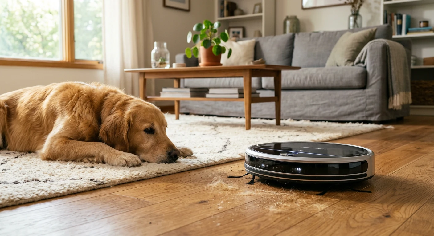 DEEBOT robot vacuum removing pet hair from hardwood floor while a calm golden retriever relaxes nearby