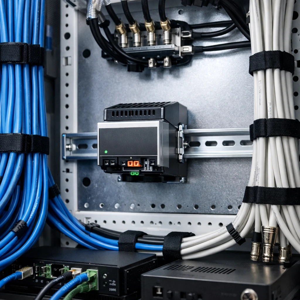 DIN rail mounted transformer inside a structured smart home wiring enclosure