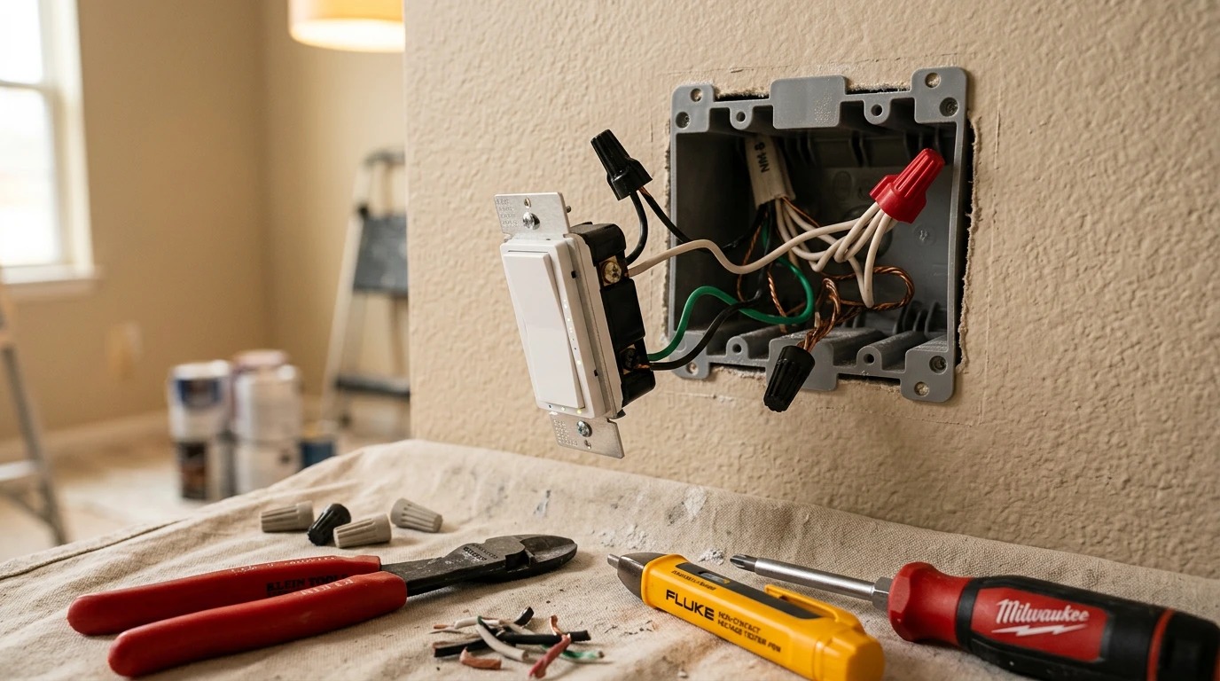 Complex smart home wiring installation showing exposed electrical box with neutral wires and smart dimmer switch