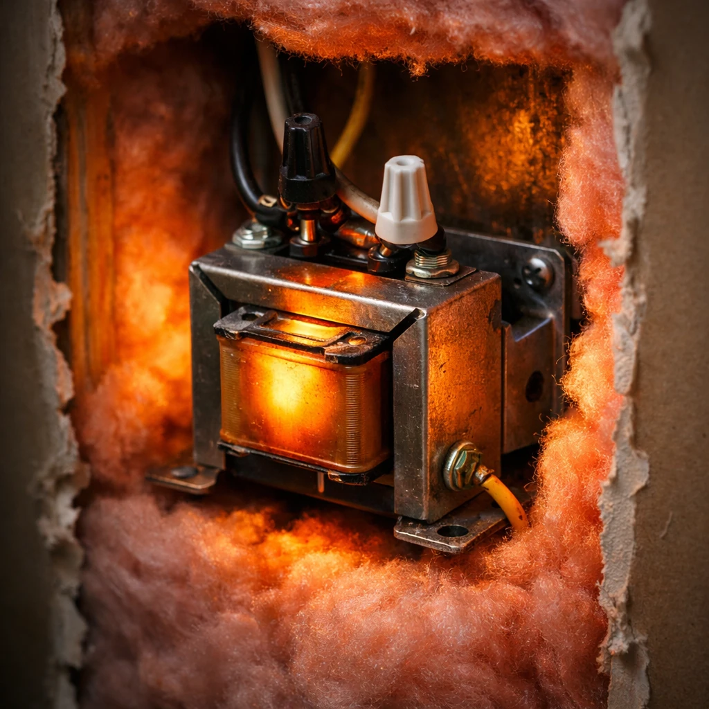 Doorbell transformer generating heat inside an insulated wall cavity fire hazard