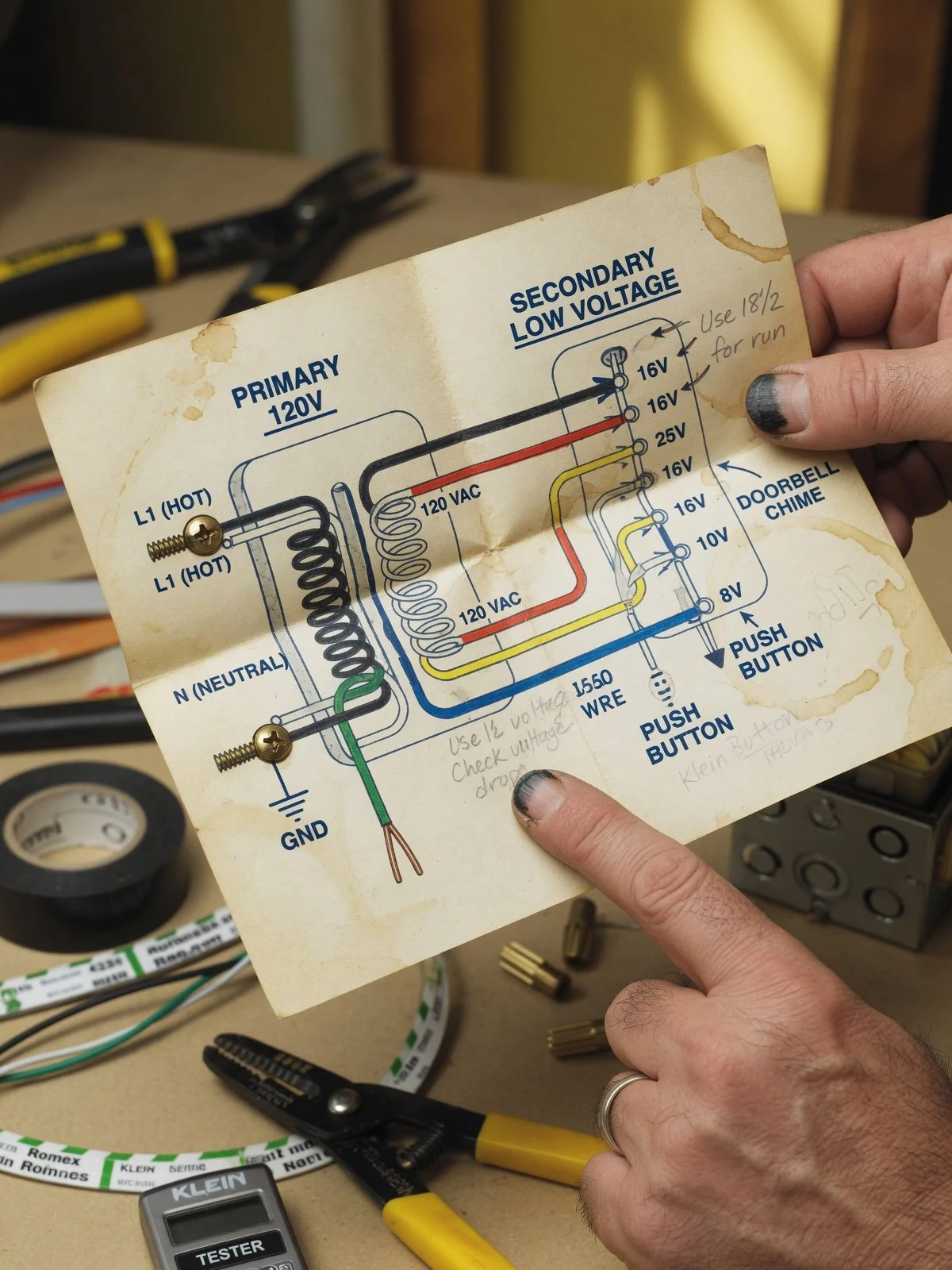 Doorbell transformer wiring diagram showing primary 120V side and low-voltage secondary side