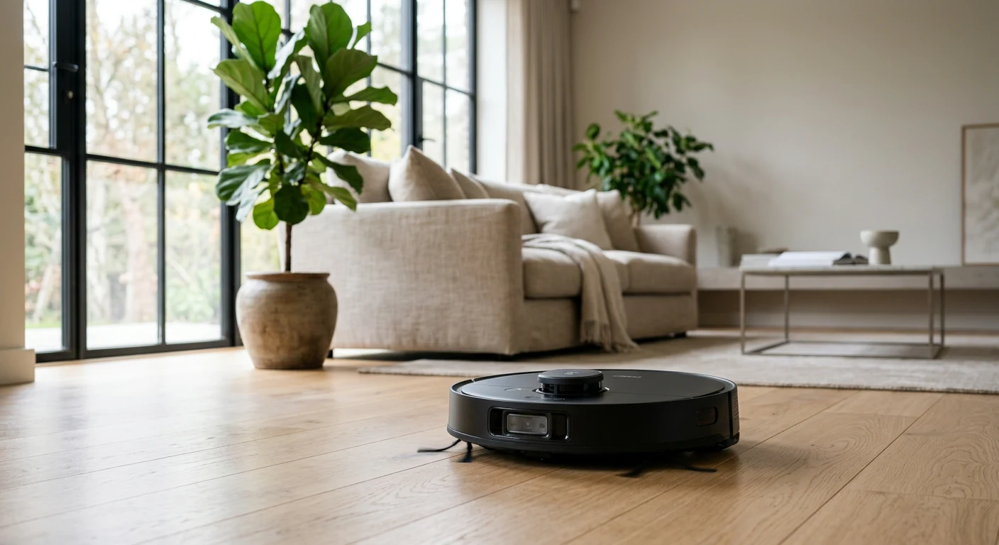 ECOVACS DEEBOT robot vacuum with LiDAR navigation cleaning hardwood floors in a modern smart home living room