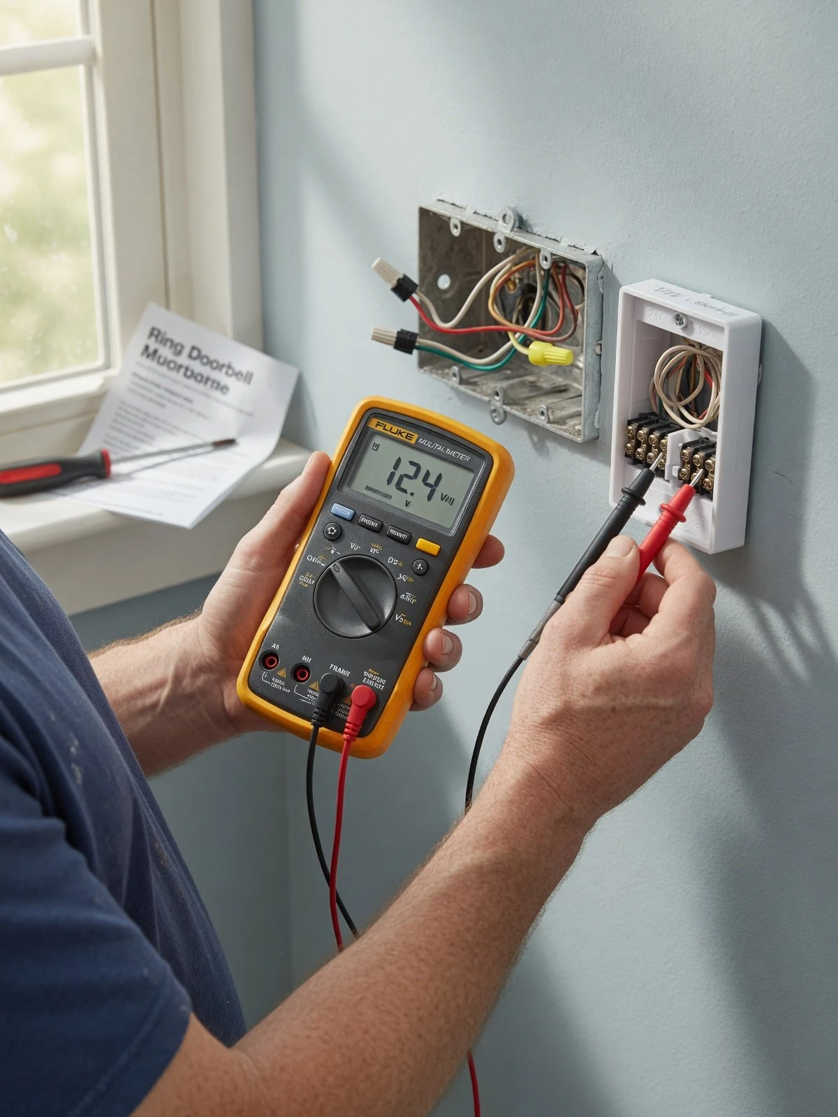Homeowner testing doorbell transformer voltage with a digital multimeter at the terminals