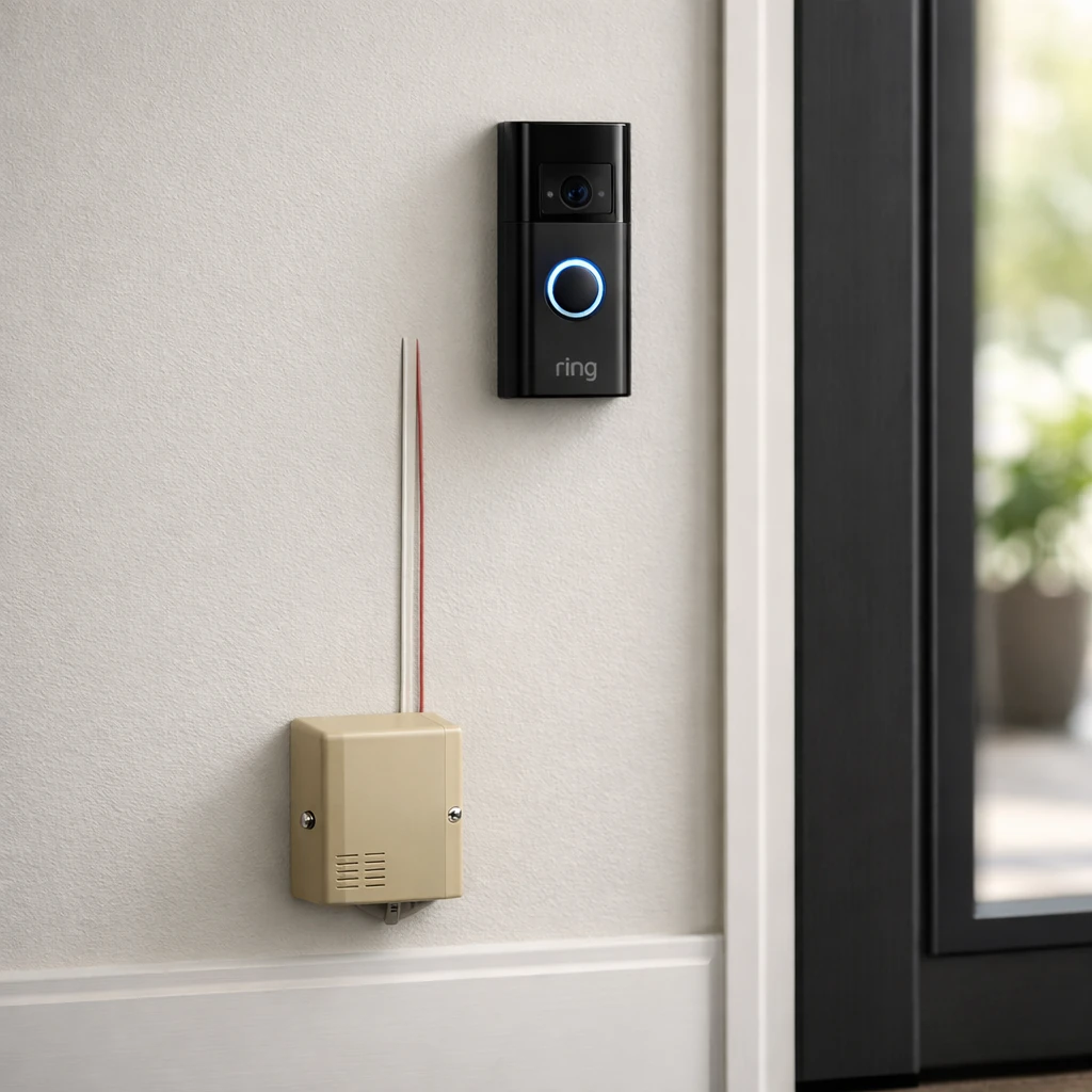 Exposed low voltage transformer for Ring doorbell mounted on a home entryway wall