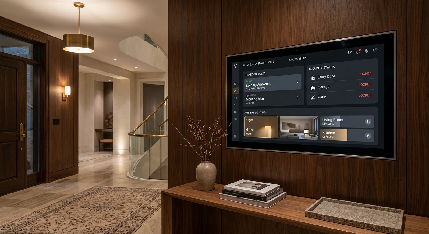 High end centralized smart home touchscreen control panel mounted in a modern luxury home foyer