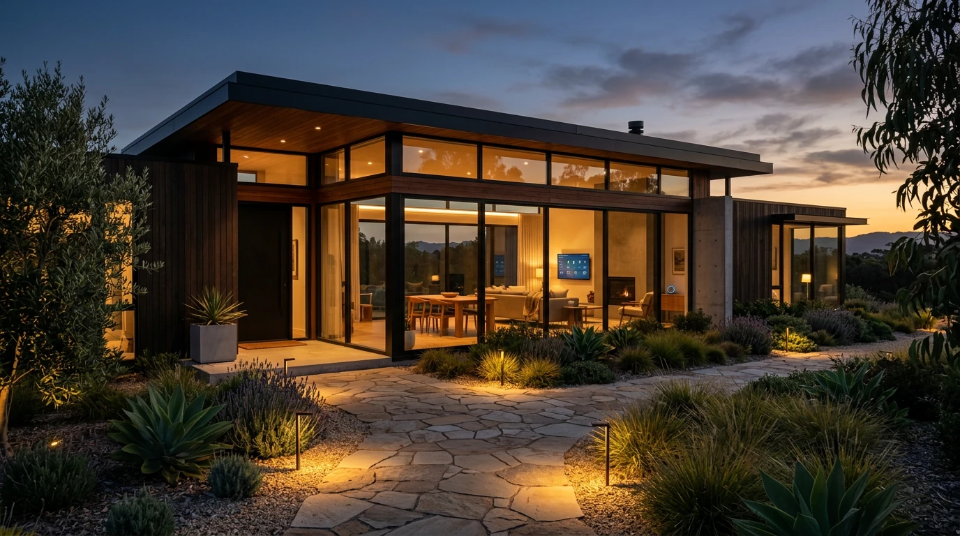 Modern smart home at dusk glowing warmly through large windows — a digital sanctuary with connected devices