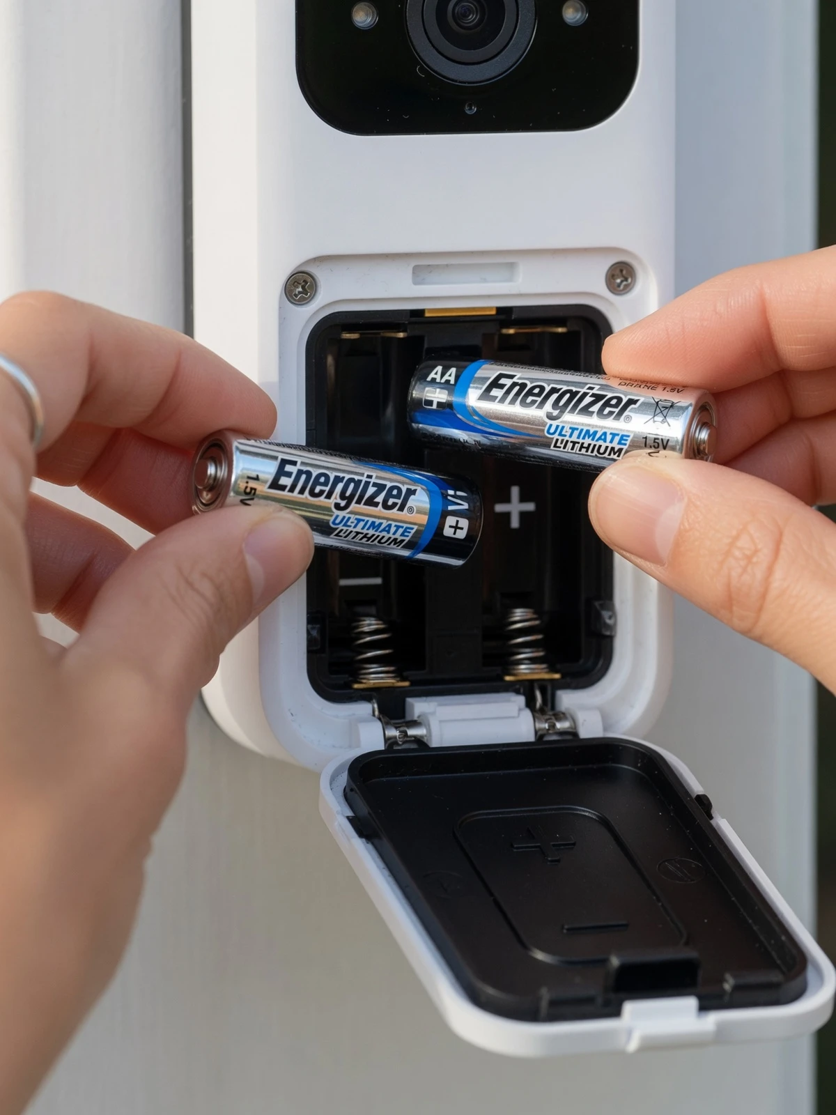 Installing 1.5V AA lithium batteries in Blink video doorbell compartment