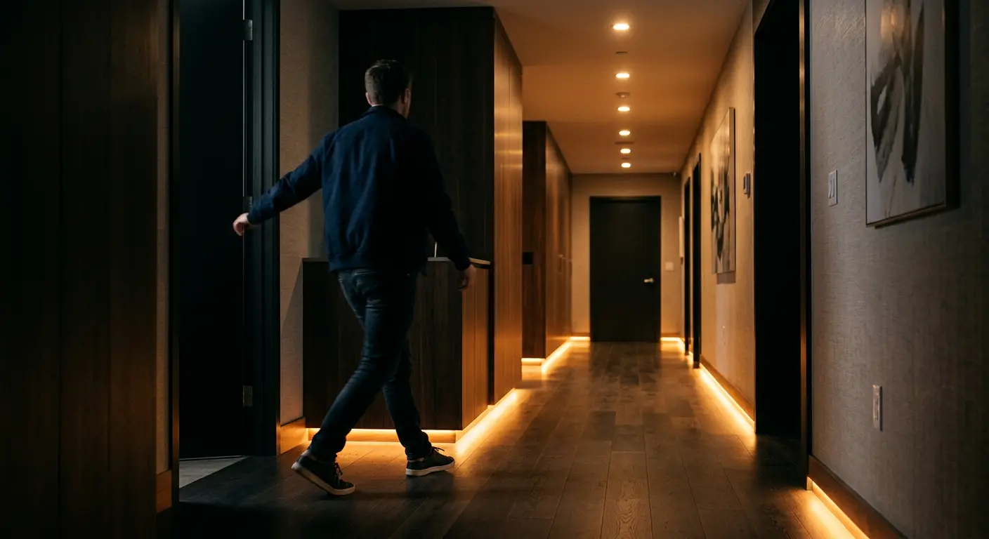 Smart lights instantly turning on in a modern hallway as a person enters, demonstrating low latency