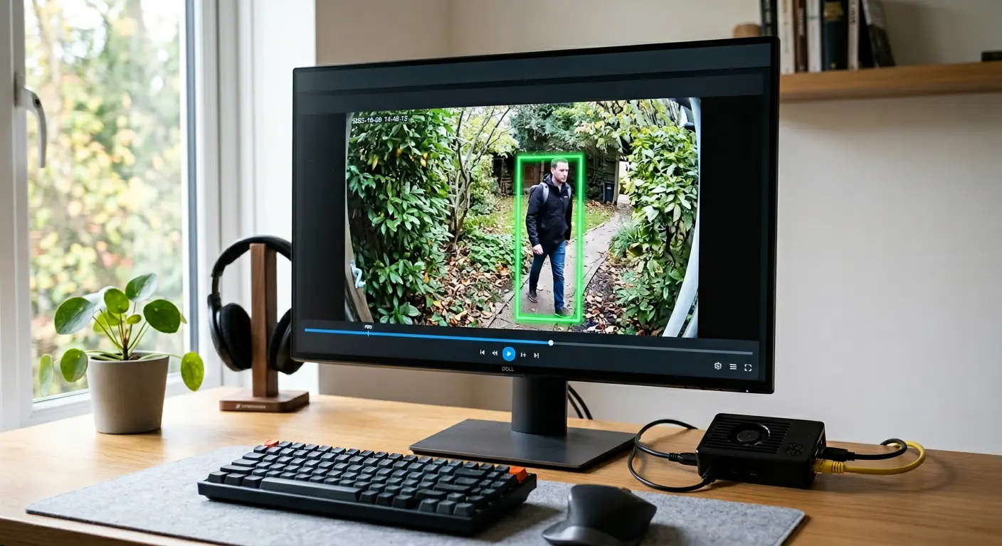 Local security camera feed on a monitor showing AI person detection, powered by a Raspberry Pi 5