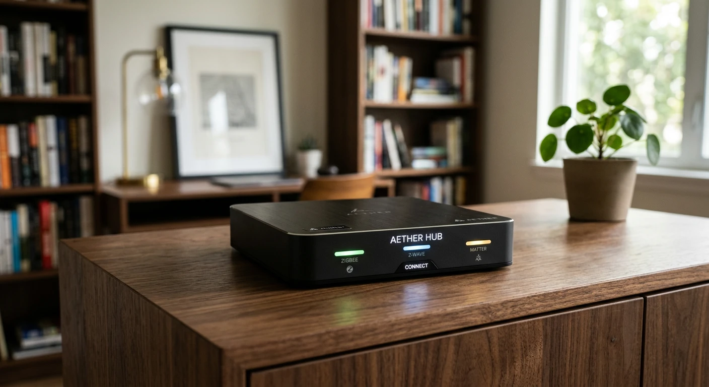 Professional grade smart home controller and local processing hub sitting on a minimalist wooden credenza