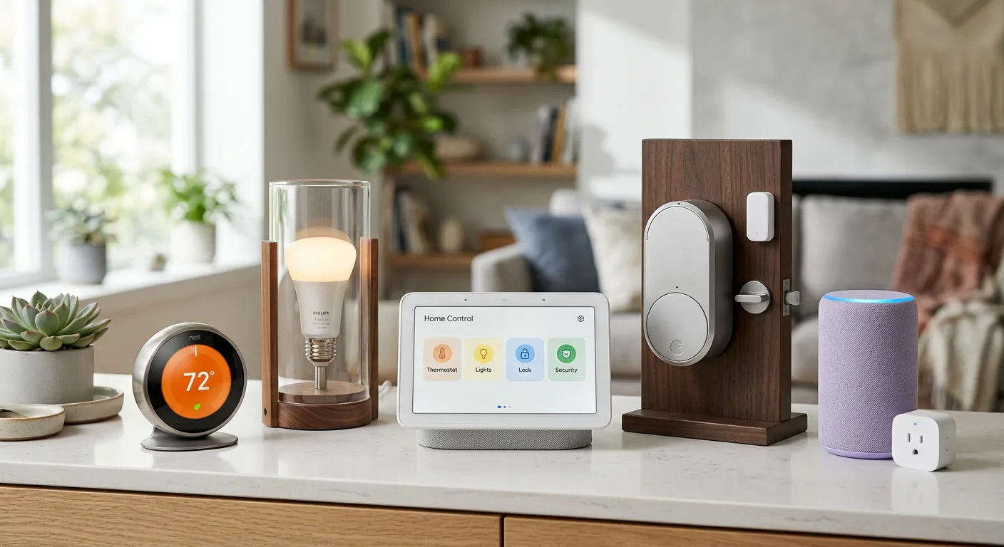 Different-brand smart home devices arranged together symbolizing Matter and Thread interoperability