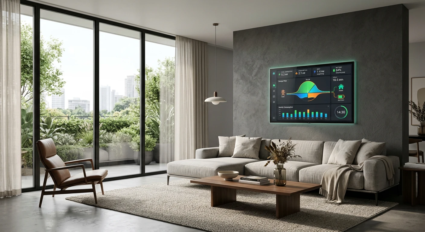Modern living room with wall-mounted smart home energy management dashboard display