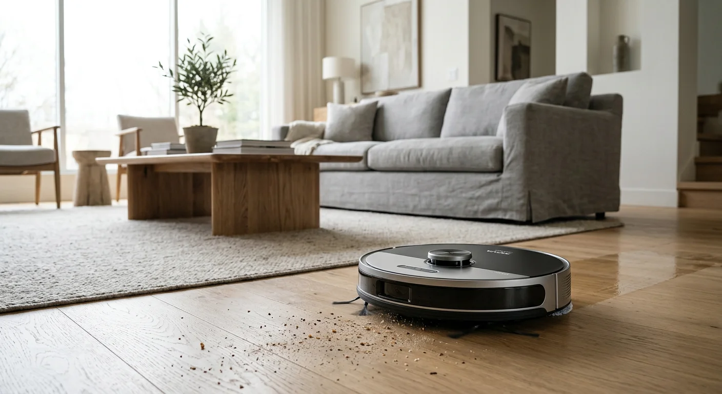Mova Z60 Ultra robot vacuum and mop actively cleaning a modern living room hardwood floor