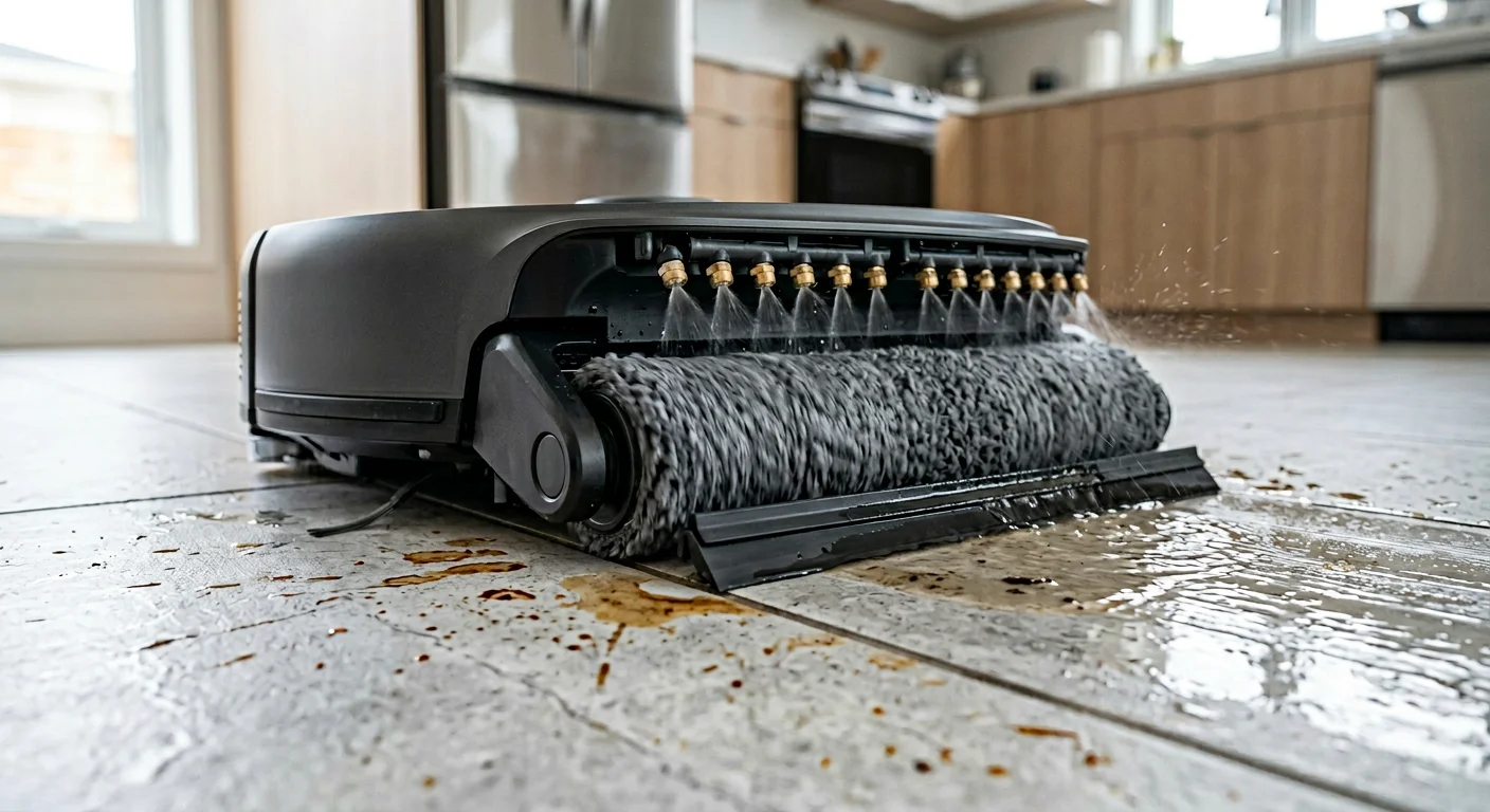 HydroForce roller mop on Mova Z60 Ultra scrubbing hard floors with fresh water spray