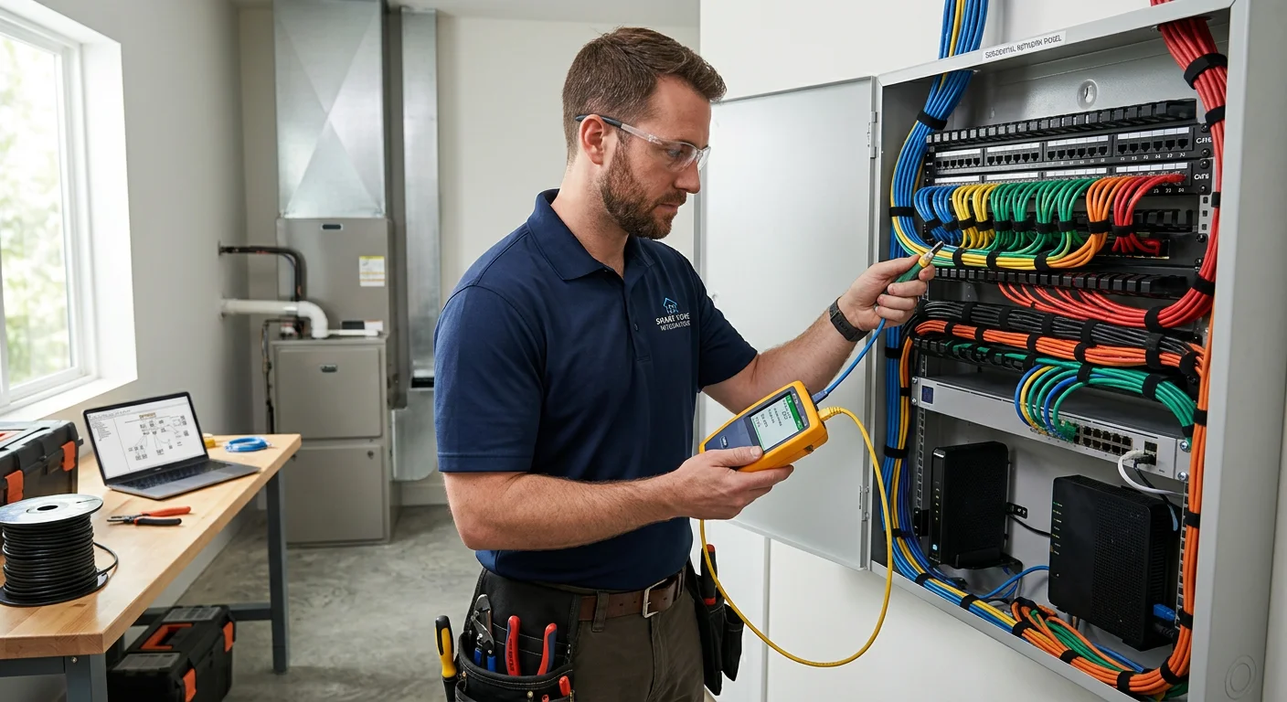 Professional smart home installer organizing structured cabling and low-voltage wiring in a residential network panel