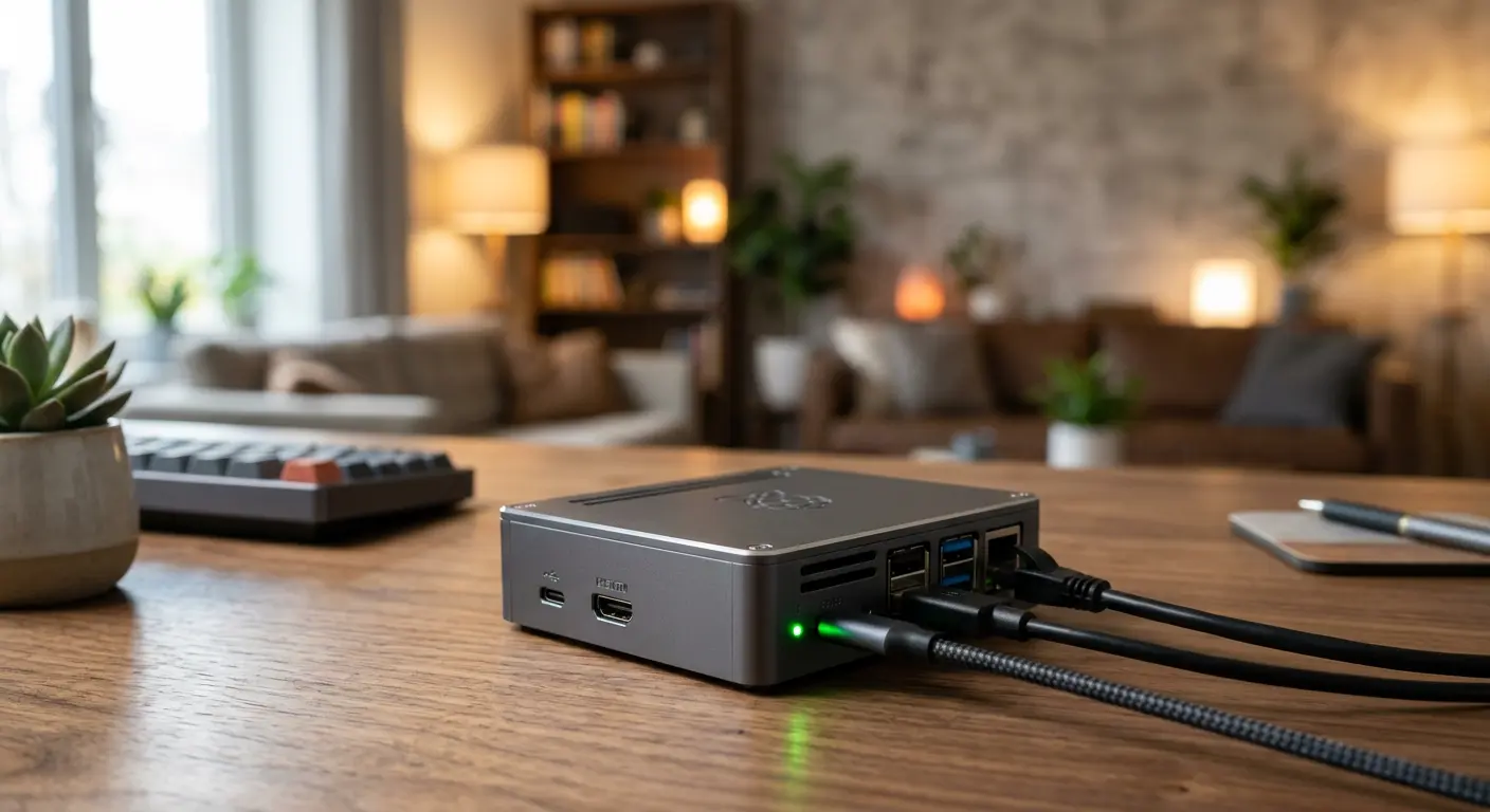 Raspberry Pi 5 in a sleek aluminum case acting as a local smart home hub on a wooden desk
