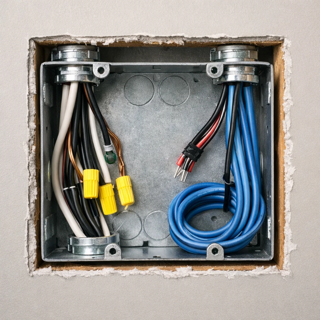 Recessed 4x4 metal junction box installed in wall for doorbell transformer concealment