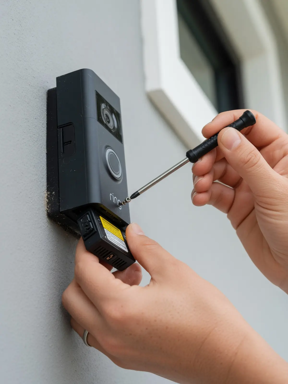 Homeowner removing a Ring battery doorbell faceplate with a Torx screwdriver