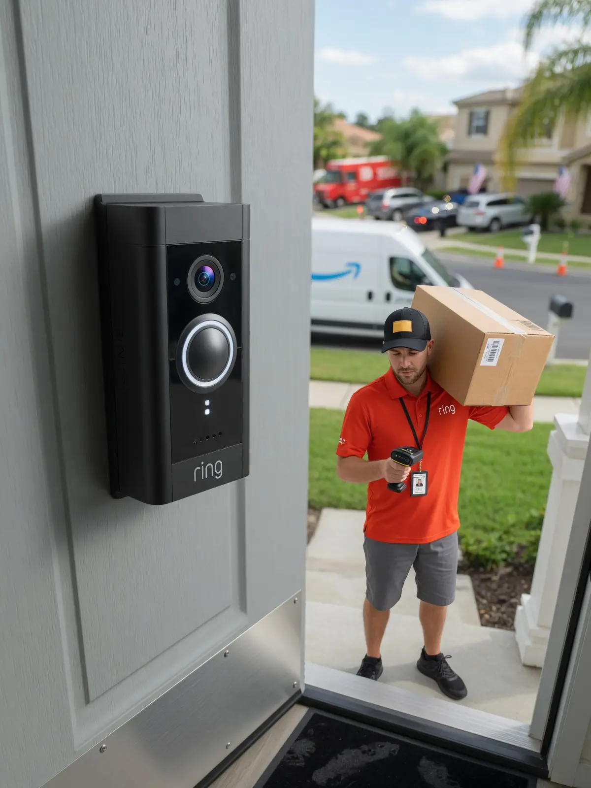 Ring Battery Doorbell Plus capturing head-to-toe video at a front door