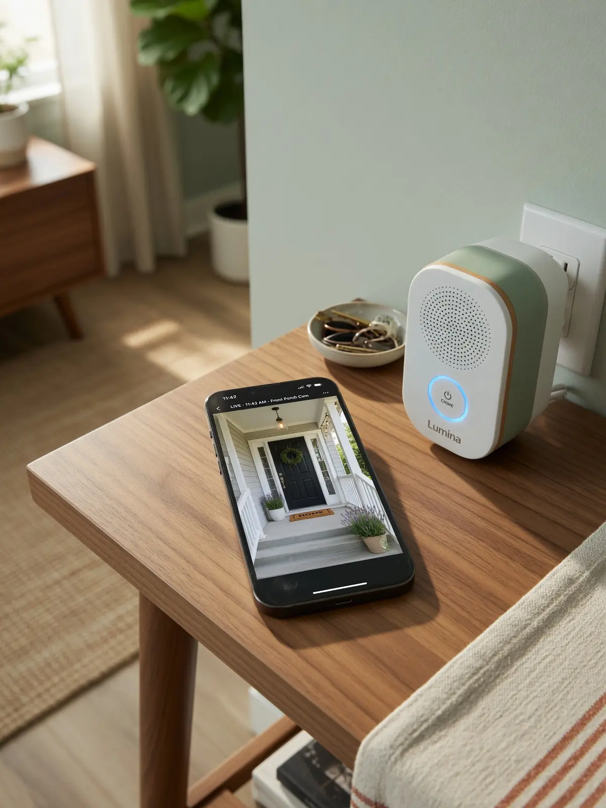 Smartphone displaying crisp Live View video from a Ring Video Doorbell 3 next to a Ring Chime Pro