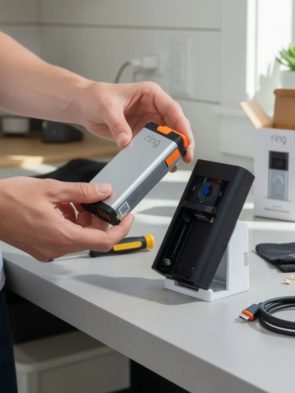 Sliding the removable quick-release battery pack out of the Ring Video Doorbell 3