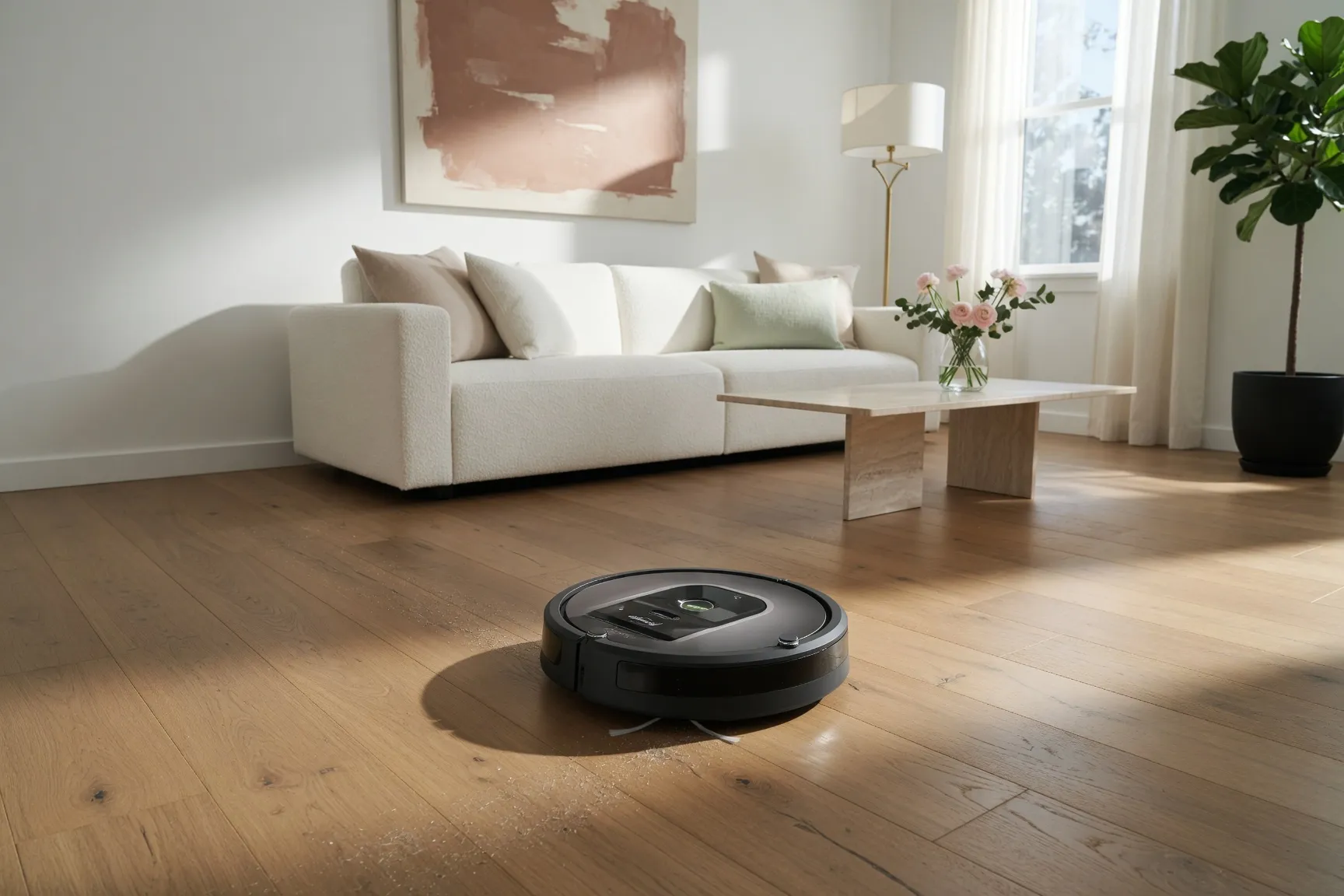 iRobot Roomba 960 robot vacuum cleaning a modern living room