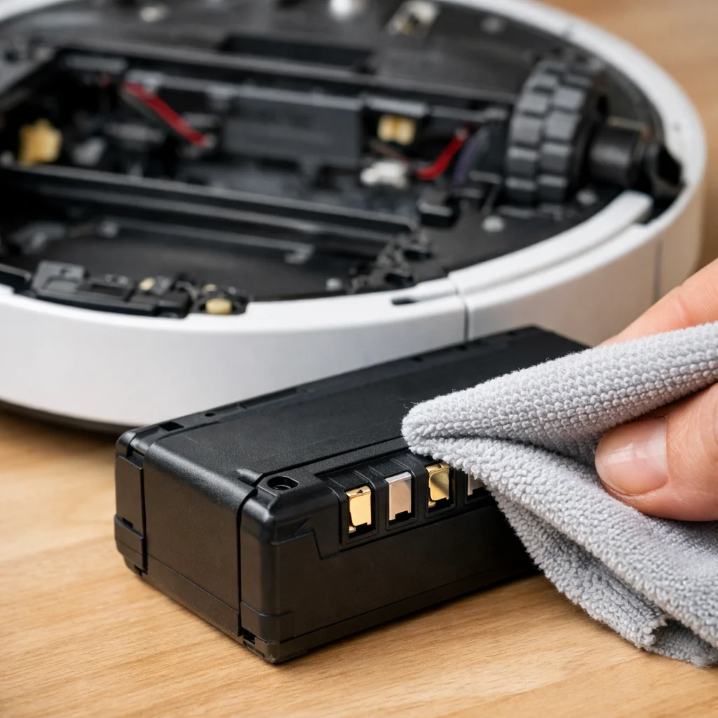 Removed Roomba battery pack with metallic contacts being cleaned with a microfiber cloth