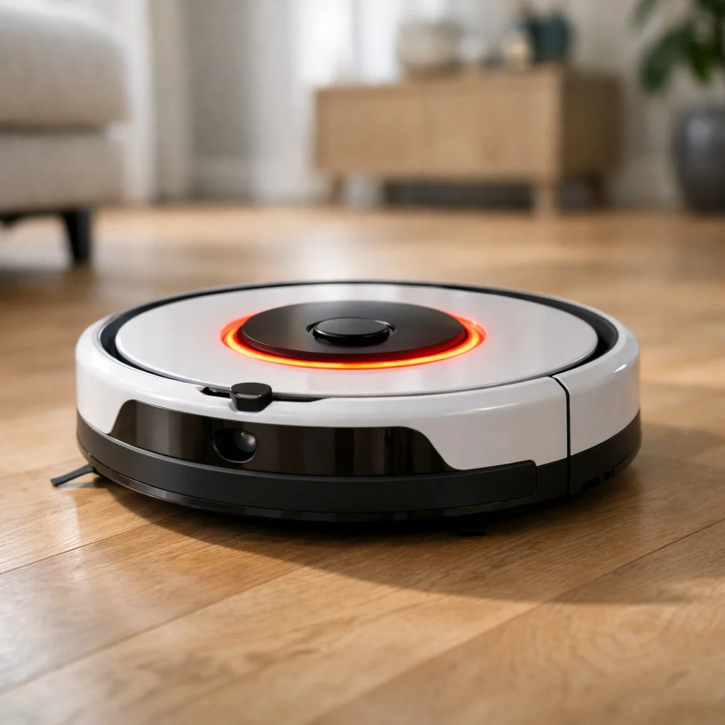 Roomba robot vacuum sitting still on hardwood floor with red error light ring indicating Error 15