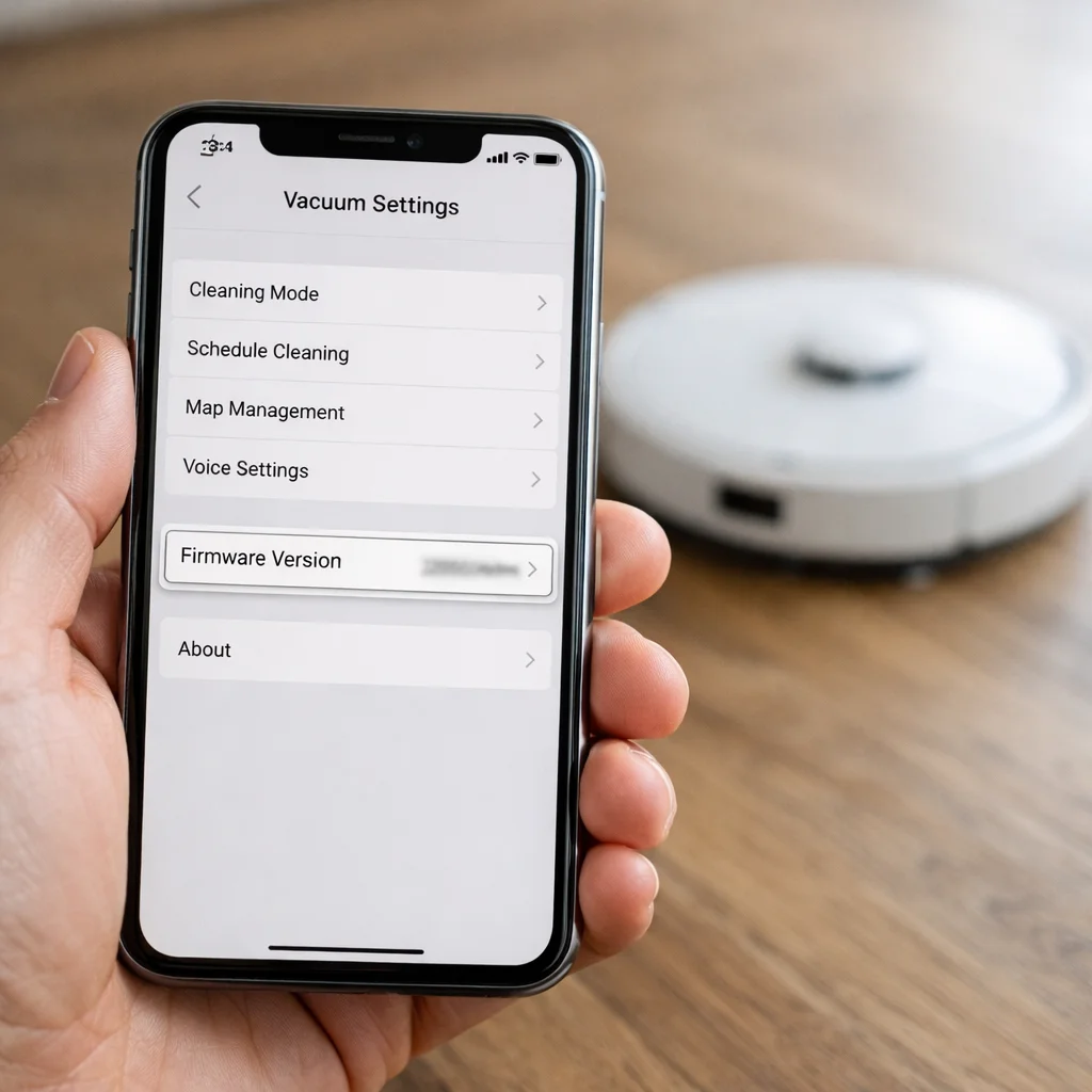 Smartphone showing iRobot Home App firmware version screen with Roomba in background