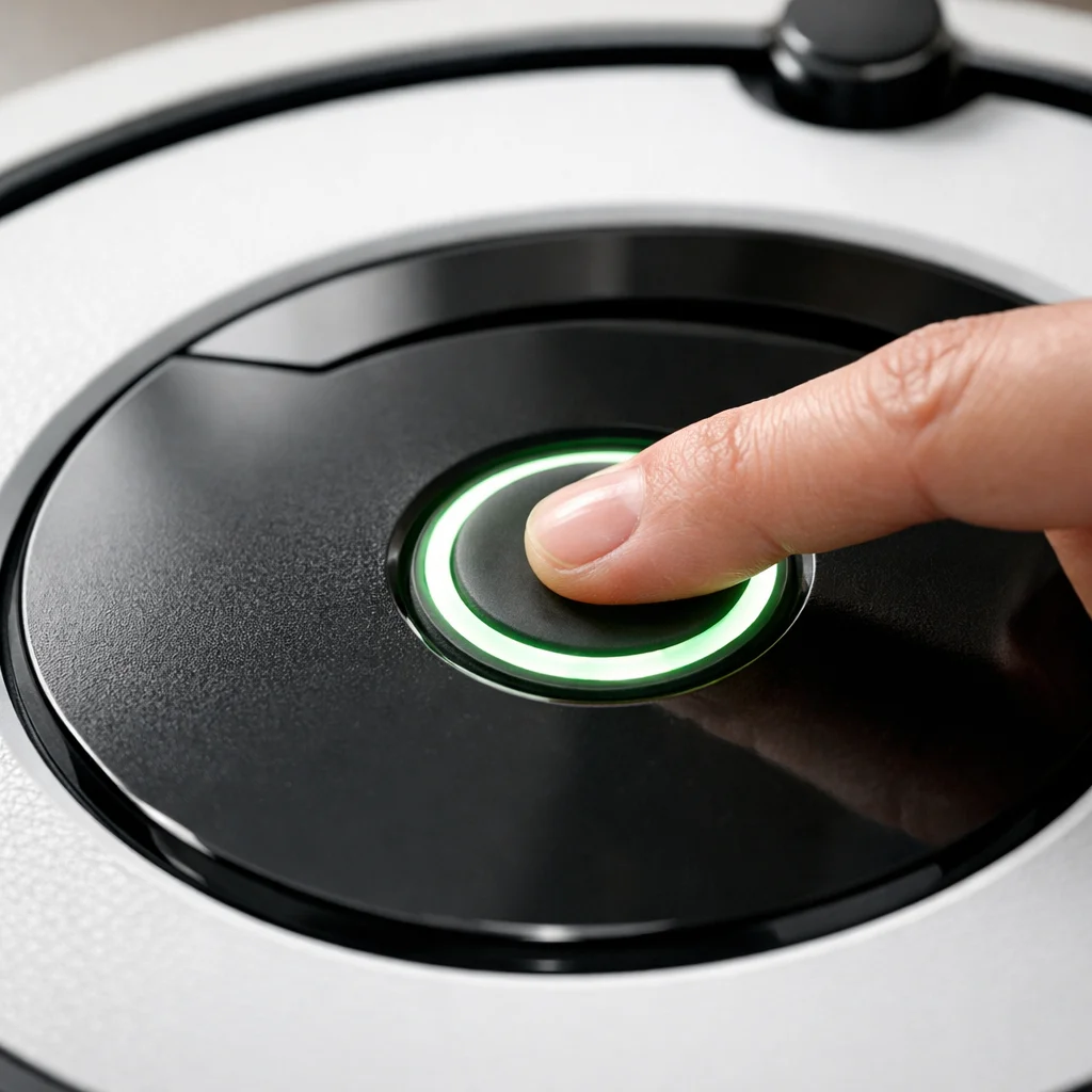 Finger pressing and holding the central Clean button on top of a Roomba robot vacuum