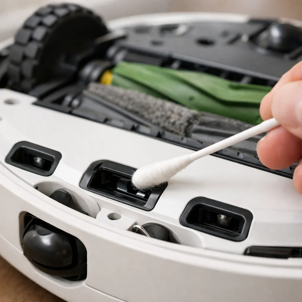 Underside of a Roomba showing cliff sensors being cleaned with a cotton swab
