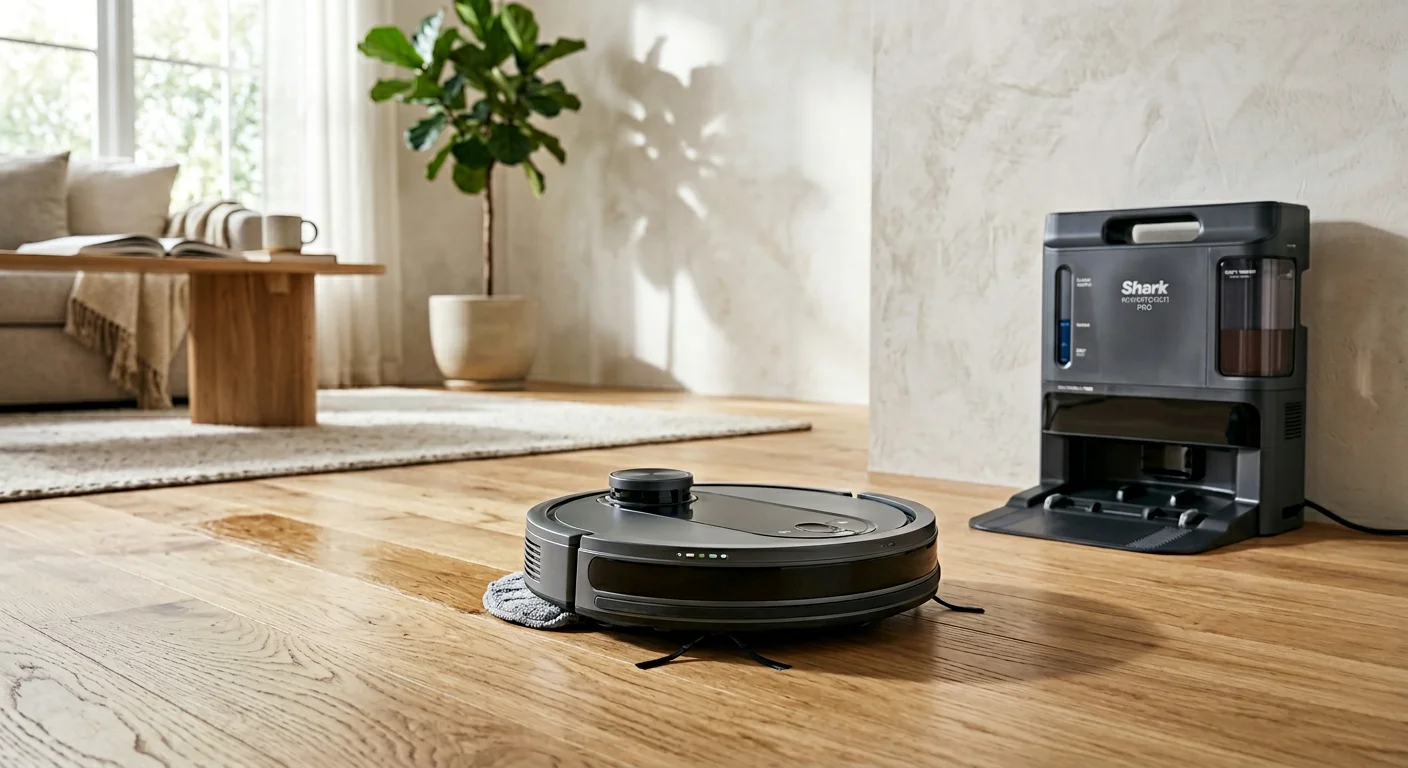 Shark PowerDetect ThermaCharged robot vacuum and mop with NeverTouch Pro base station on hardwood floor