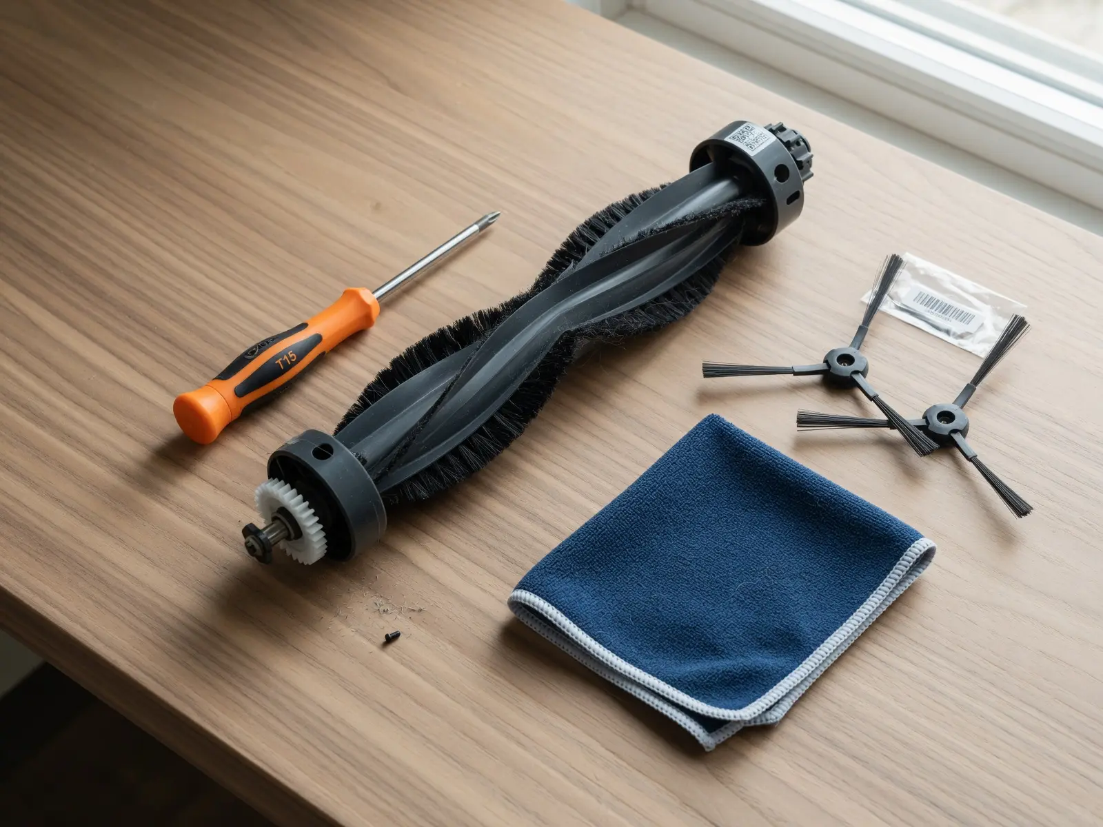 Disassembled Shark modular robot vacuum brush roll laid out on a workbench alongside a Torx driver and replacement parts