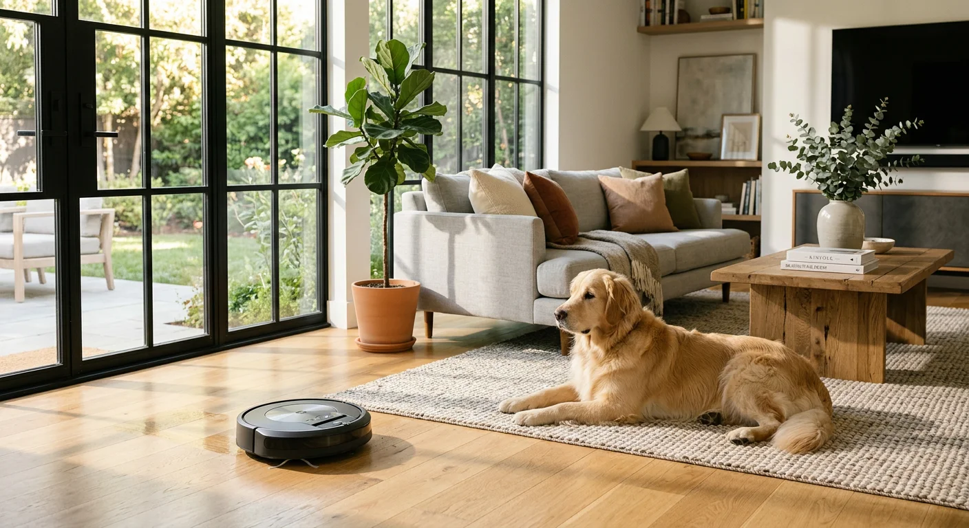 Shark PowerDetect ThermaCharged robot vacuum cleaning in modern home with Golden Retriever dog