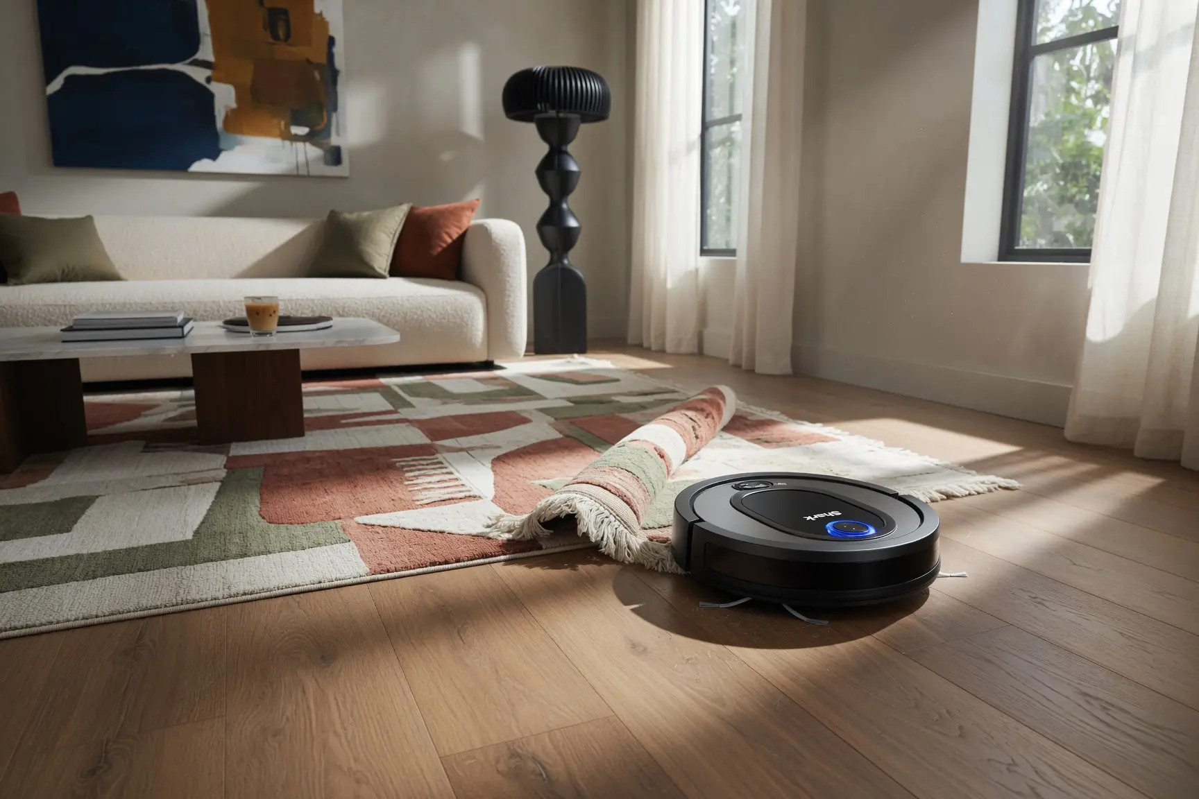Sleek Shark robot vacuum cleaner on a premium living room rug demonstrating successful troubleshooting and repair