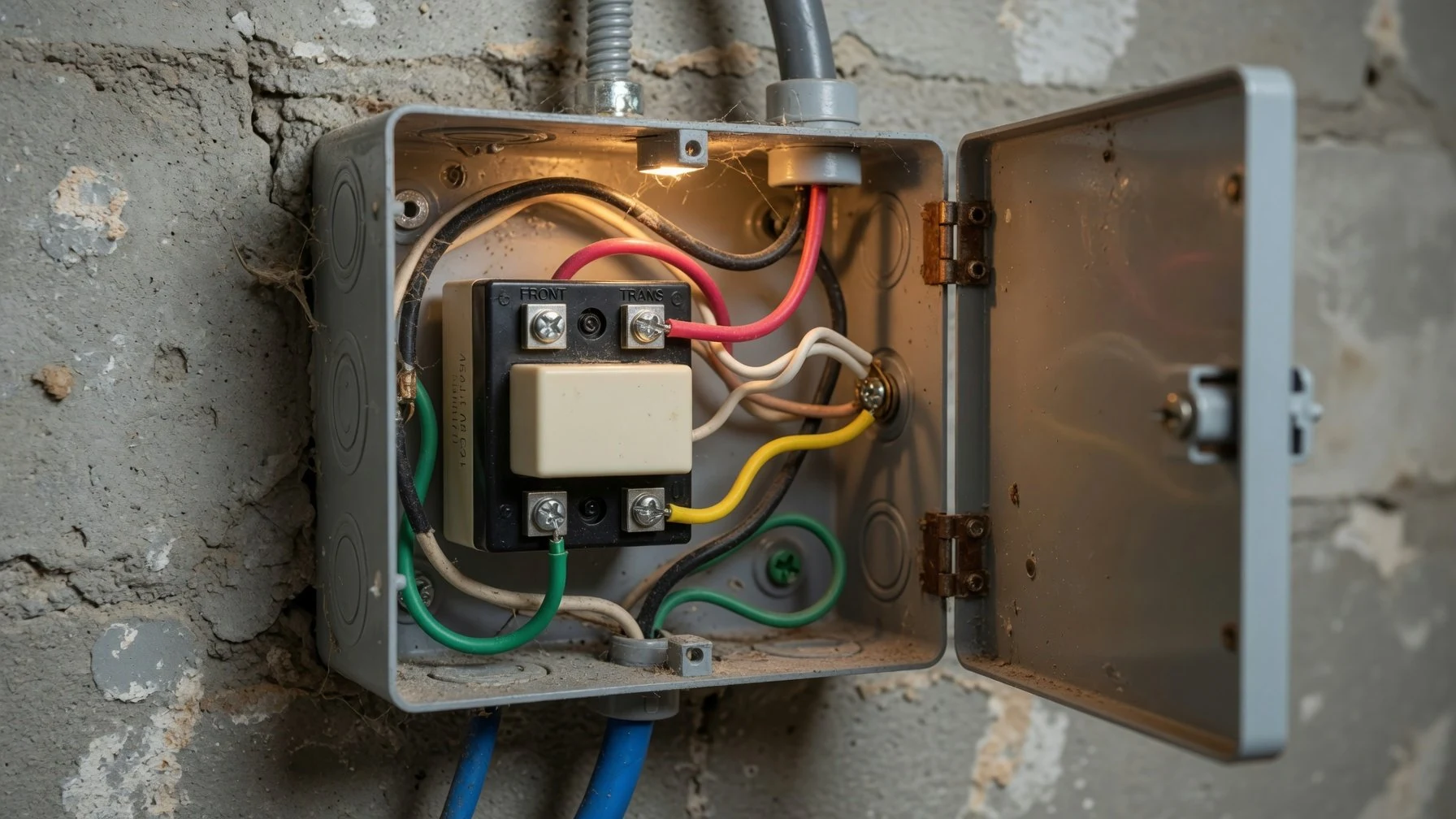 Modern doorbell transformer installed in residential junction box showing power wiring setup