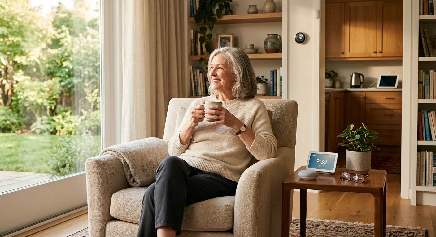 Independent older adult comfortable at home in warm morning light with discreet smart home sensors
