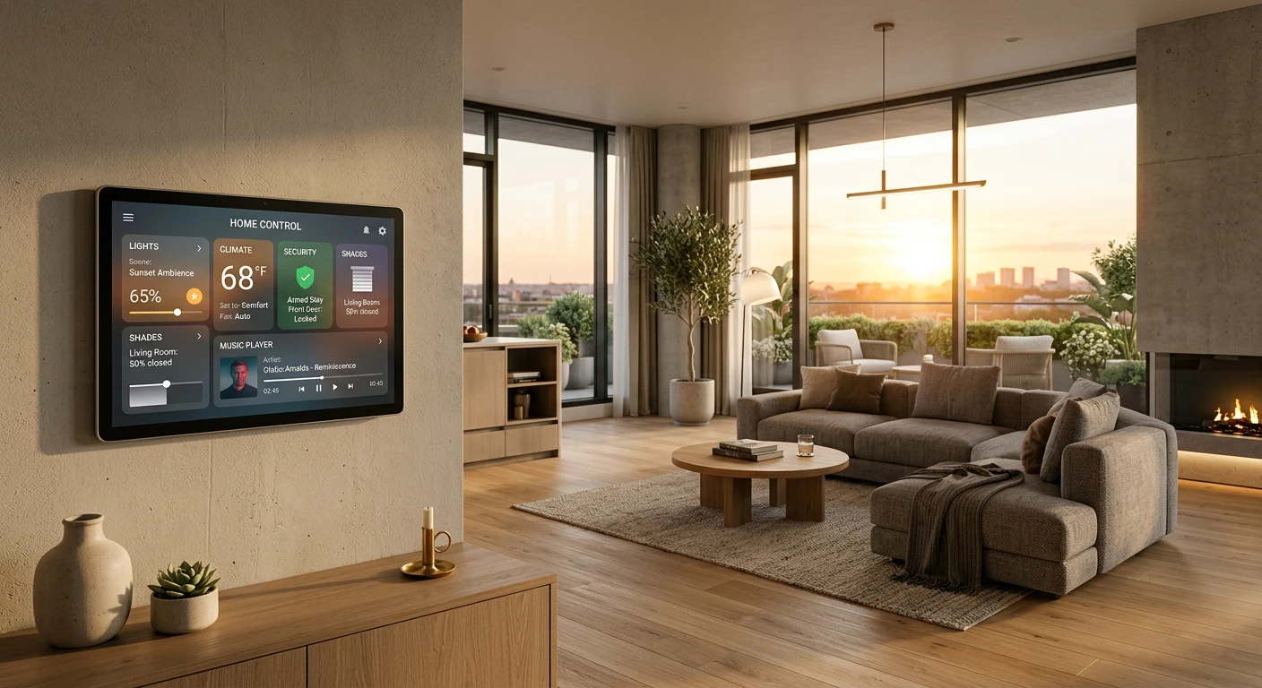 Sleek wall-mounted smart home control panel displaying a unified home automation dashboard in a modern living room