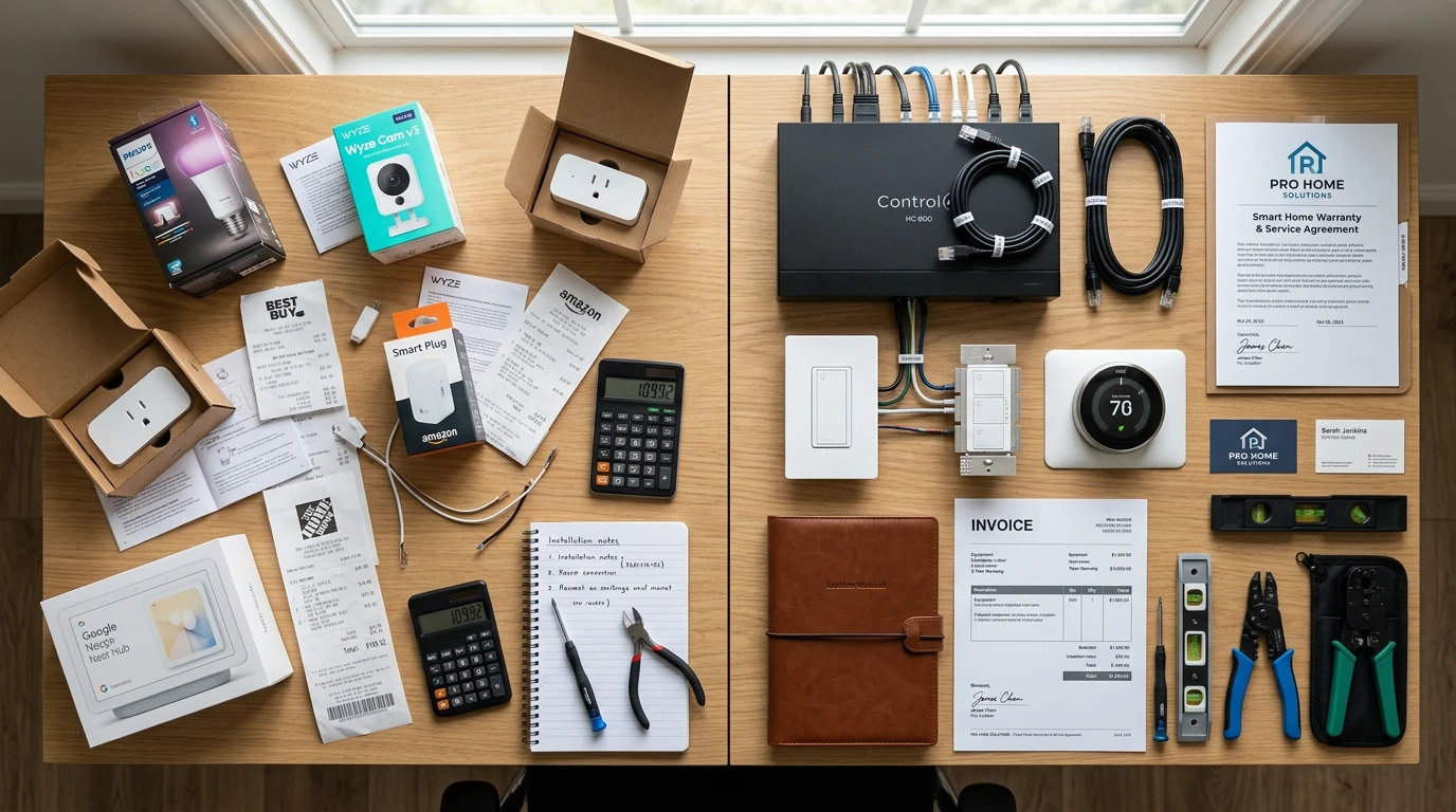 DIY vs professional smart home installation cost comparison with devices, receipts, and tools