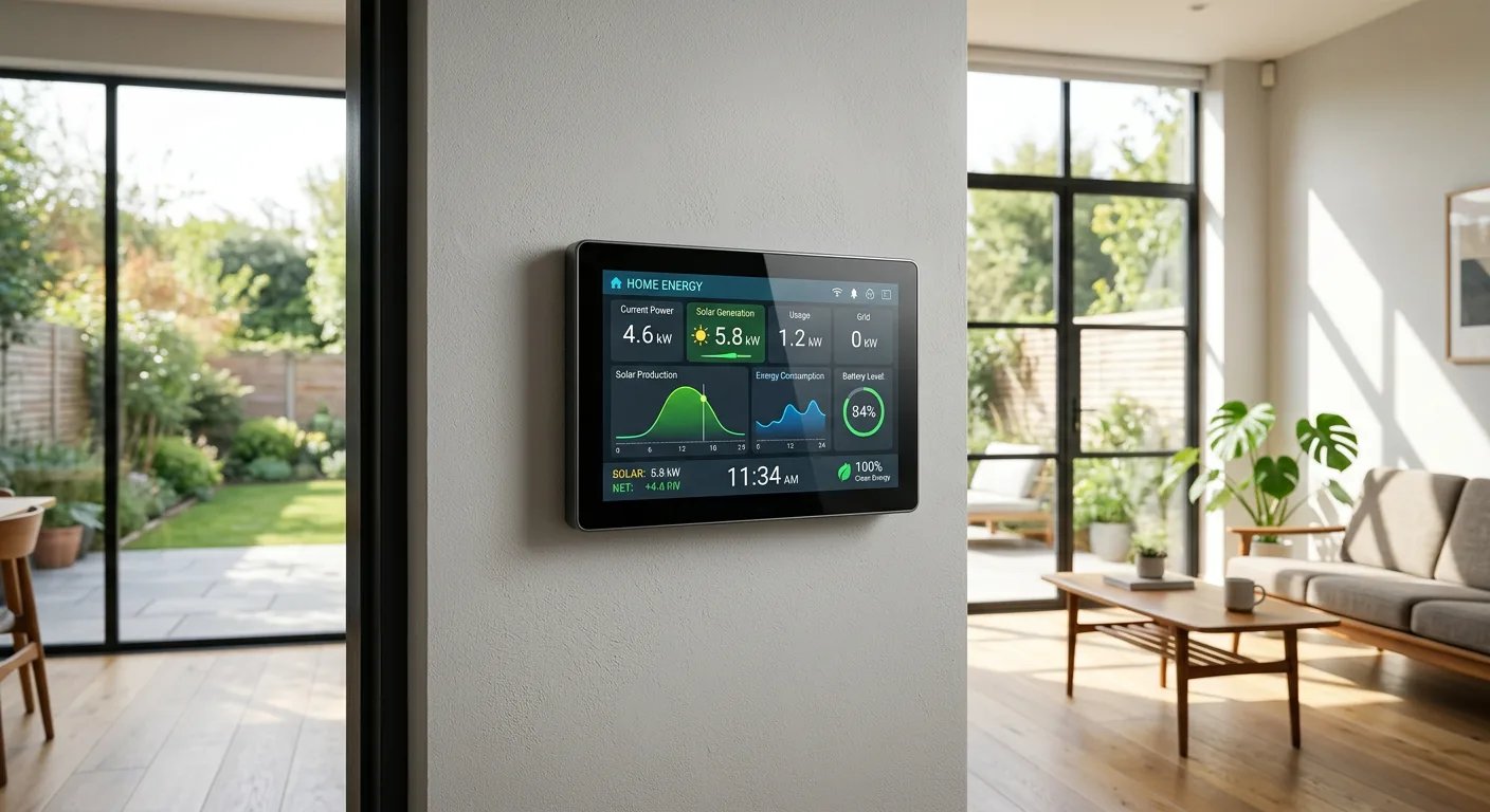 Smart thermostat and home energy dashboard glowing softly in a bright contemporary home