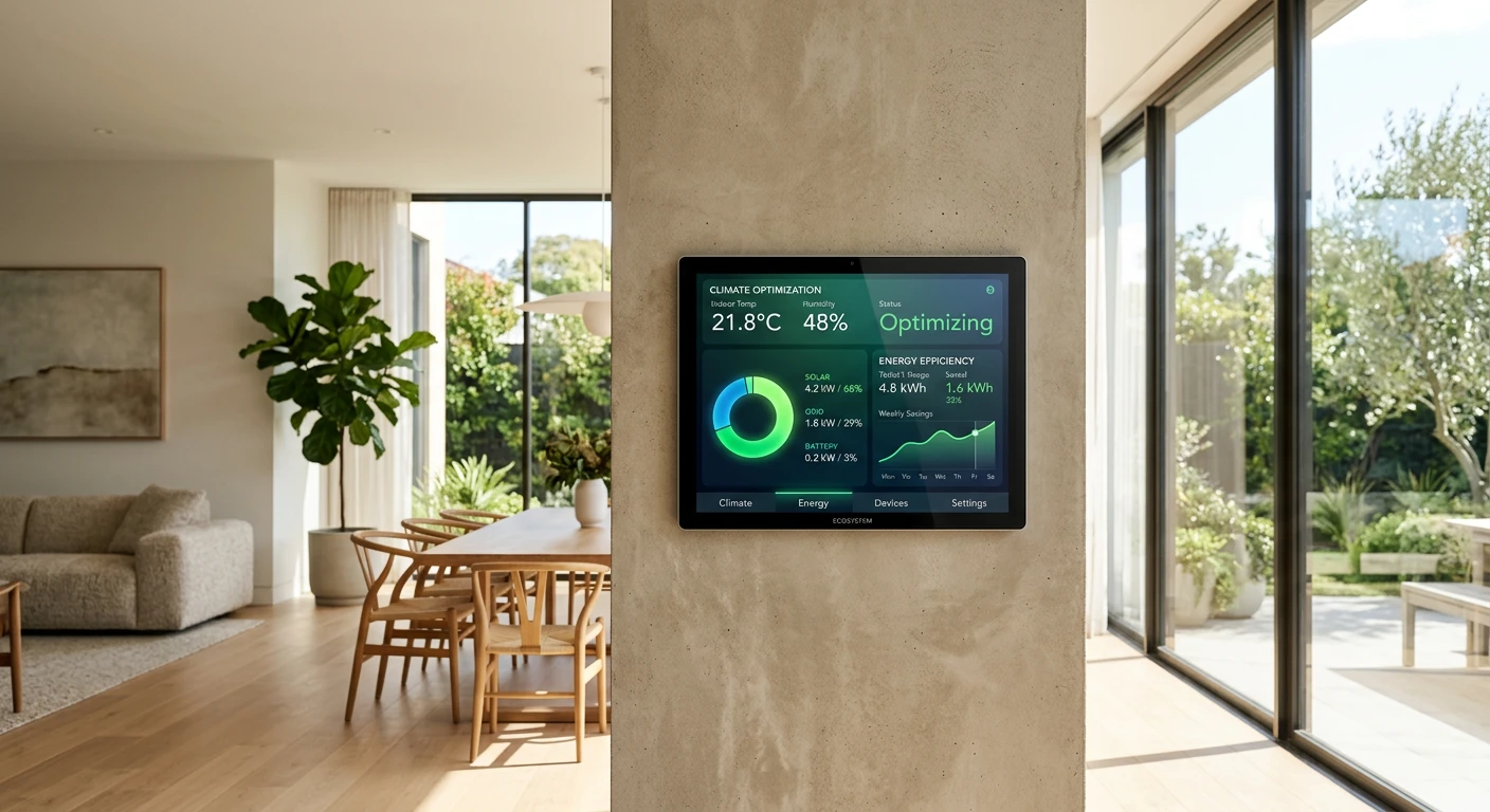 Wall mounted home energy management system interface showing HVAC optimization and utility cost savings