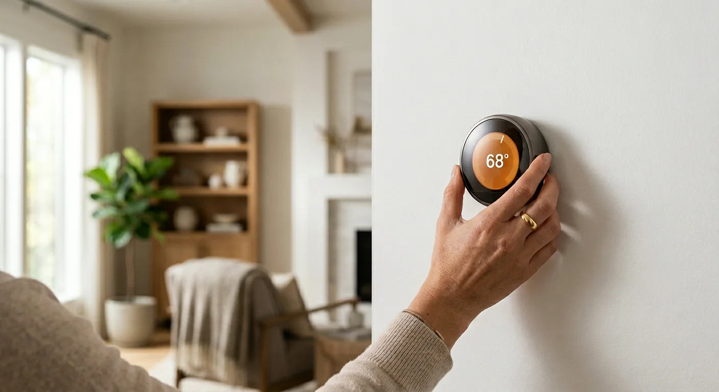 Homeowner adjusting a smart thermostat that delivers 8 to 10 percent annual savings on heating and cooling bills