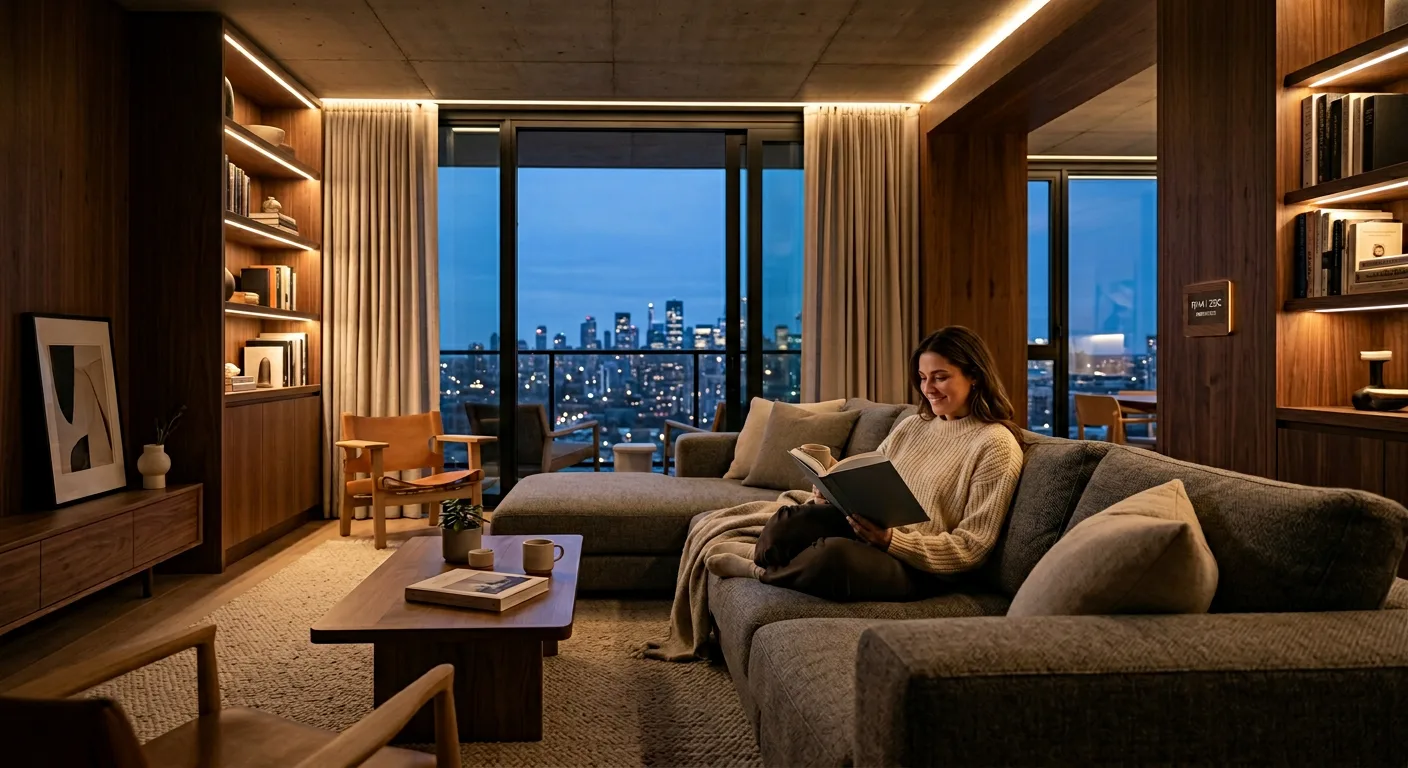 Modern living room at dusk with smart home technology blending invisibly into a warm, premium interior